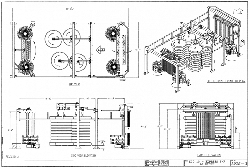 Blue print of a car wash system roller brush system.