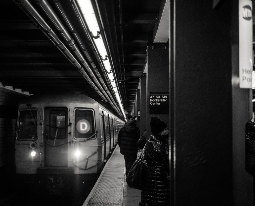 Photo of New York City subway train in black and white.