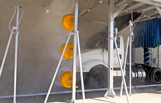 Commercial truck wash system for heavy-duty fleet vehicles and buses.